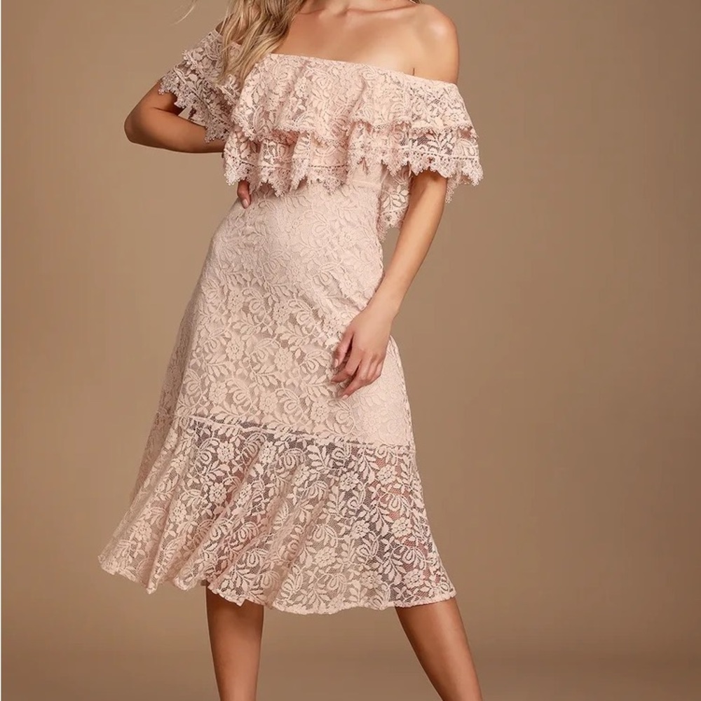 Lulu’s Jaclyn Blush Pink Lace Off-the-Shoulder Midi Dress